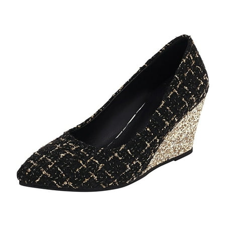 

Lhked Women Shoes Houndstooth Sequined Pointed Toe High Heel Thick Wedges Slip-on Fashion Casual& Black