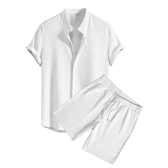 Men'S 2 Piece Outfit Casual Short Sleeve Button Down Shirt and Beach Shorts Set Summer Outfits Solid White S