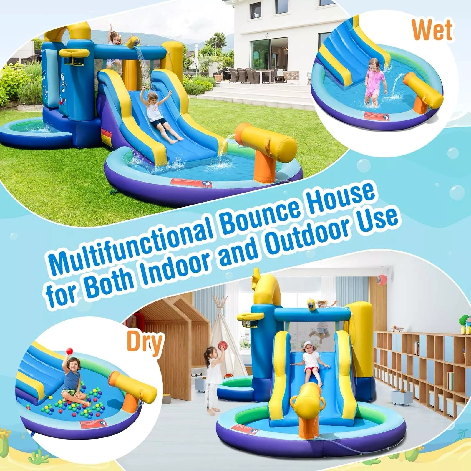 Auranook Kids Inflatable Water Slide Park Bounce Castle w/ 50 Ocean Balls & 735W Blower
