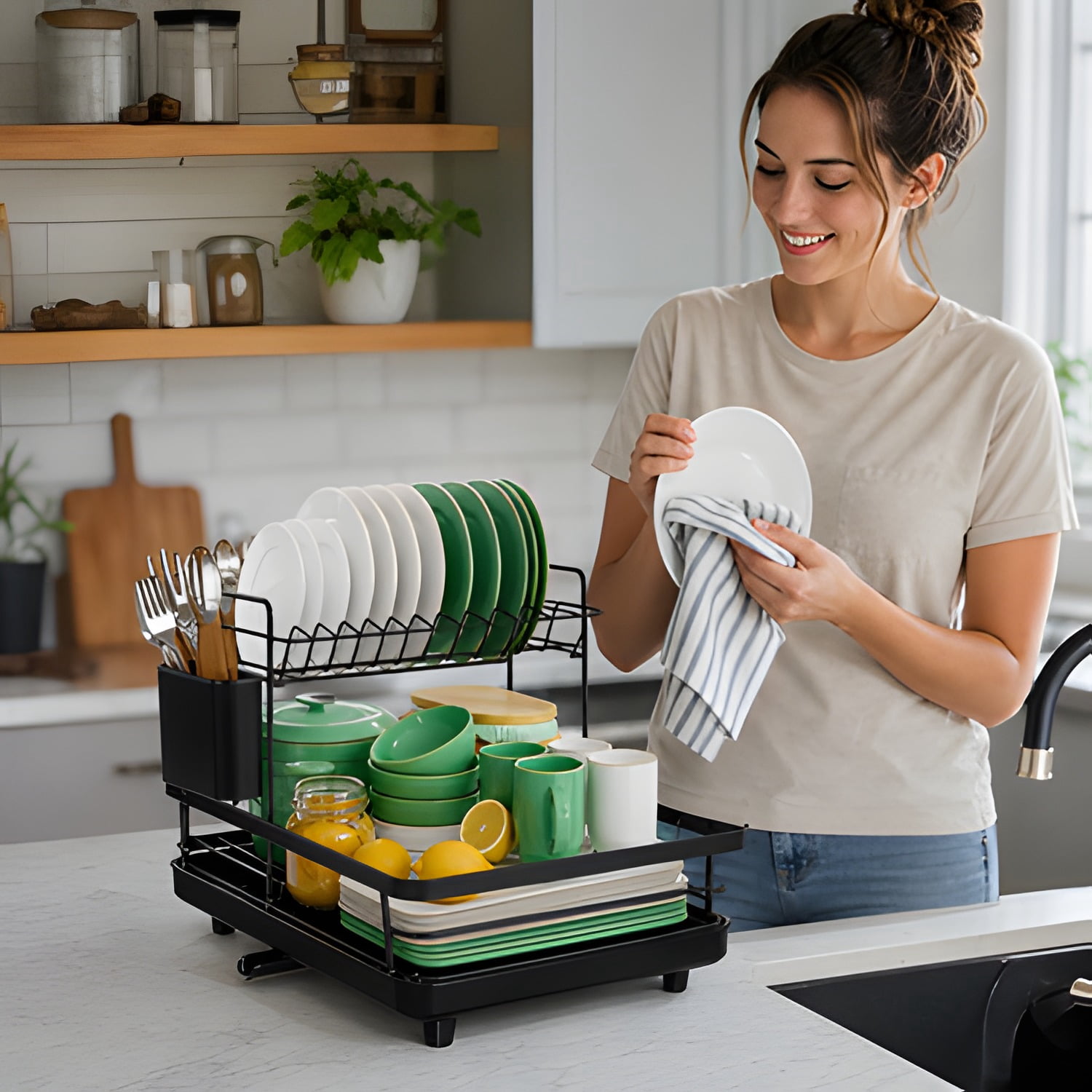 Dish Drying Rack for Kitchen Counter, Stainless Steel Sink Organization and Storage Essentials with Cutlery Holder, Home and Appartment Decor, 12"W x 15.5"L, 2 Tiers, Black