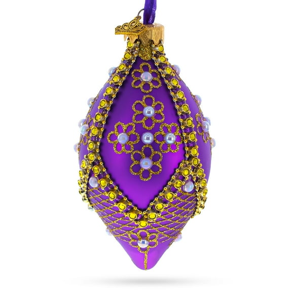 Golden Pearl Flowers on Purple Pointed Teardrop Finial Glass Ornament
