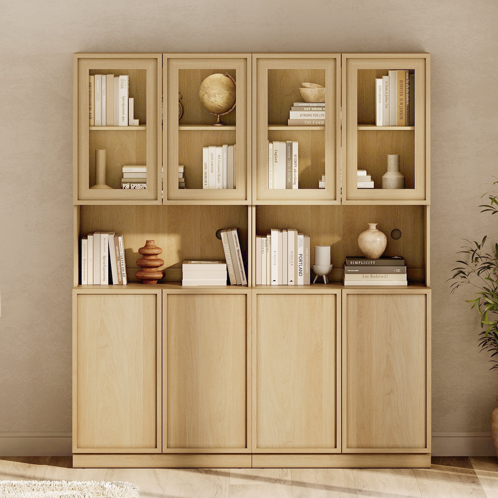 Modern 72" Tall Bookshelf with Glass Doors & Adjustable Shelves, Wood Bookcase with Closed Storage Cabinet,Oak
