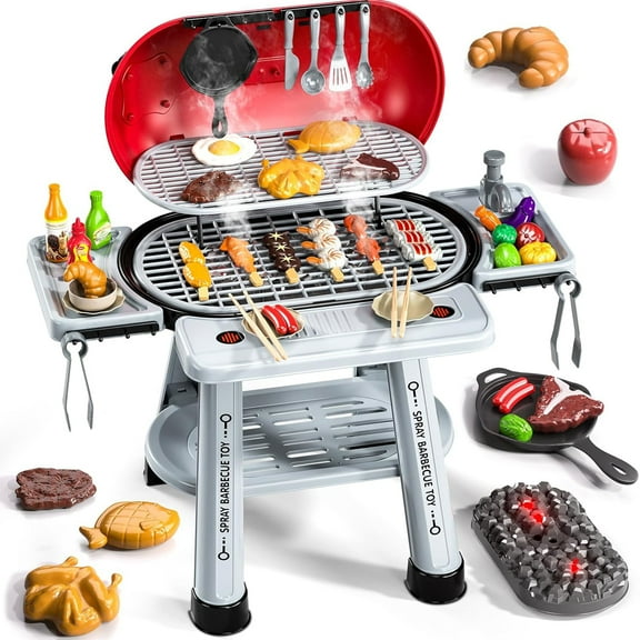 JBeeCtrl 68 PCS Play Kitchen Toy Set Kids Barbeque Grill Playset Cooking Toys Set Kids Toy BBQ Grill Playset Pretend Play Toys for Toddlers 3-5 Birthday Gift for Boys Girls