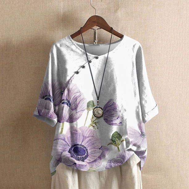 Puntoco moda mujer casual cuello redondo blusa estampada 1/2 manga camiseta verano tops Puntoco Puntoco-2597