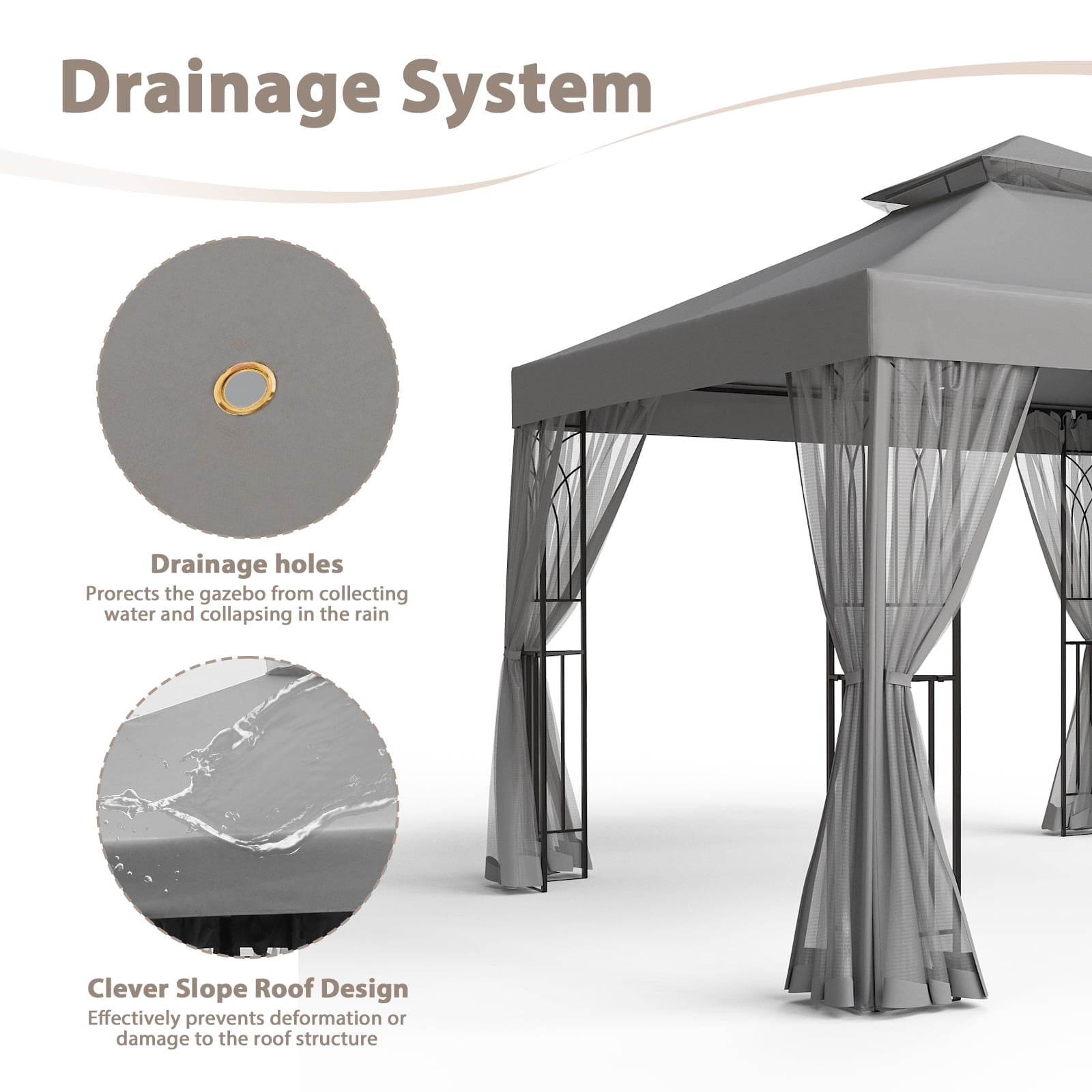 EAGLE PEAK 10 ft. x 10 ft. Outdoor Patio Gazebo Canopy Tent with Ventilated Double Roof and Mosquito Net,Gray