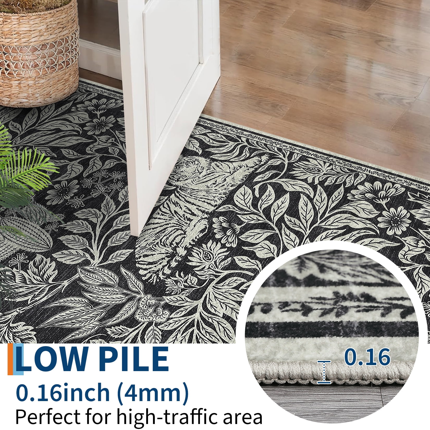 GlowSol 9'x12' Washable Area Rug Forest Tiger Print Area Rugs Vintage Rug Non-Shedding Stain-Resistant Rugs for Living Room Bedroom, Black