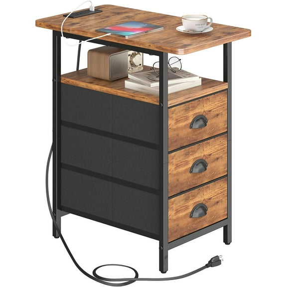 End Table with Charging Station, Side Tables Livingroom with USB Ports and Outlets,Narrow Nightstands Bedside Tables with 3 Drawers for Small Space,Slim Sofa Table Bedroom,Rustic Brown