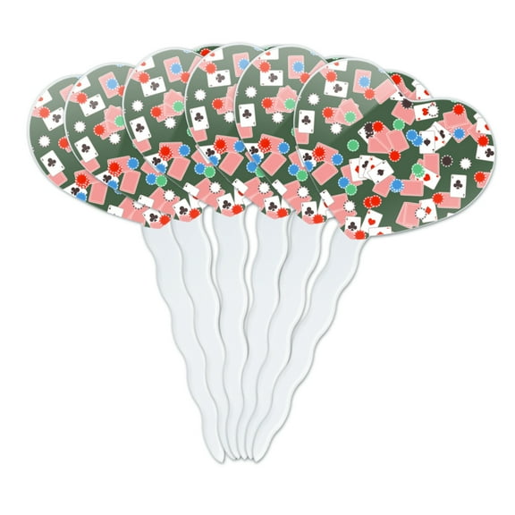 Poker Chips and Ace Cards Pattern Heart Love Cupcake Picks Toppers Decoration Set of 6