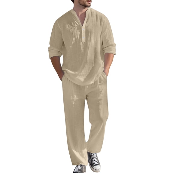 Men's Linen Two-Piece Suit Set, Casual Long Sleeve Shirt & Pants for Fall Spring,Khaki,S