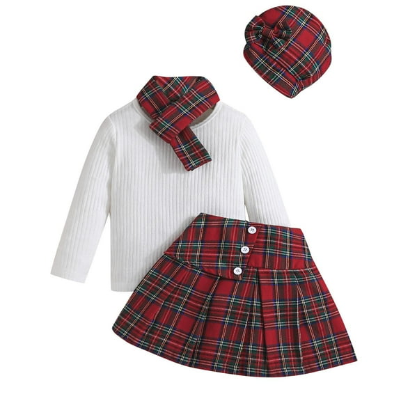 Atogsazn Kids Girls Cotton Set Children Knitted Long Sleeve Tops and Plaid Skirt Scarf Hat Outfit Red 3-4 Years
