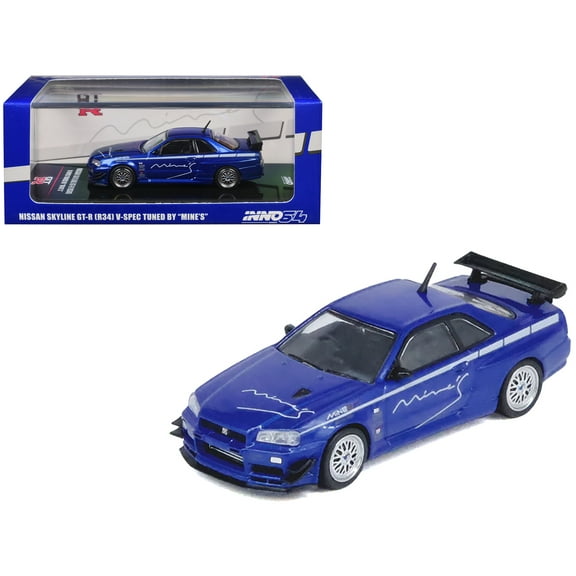 Nissan Skyline GT-R (R34) V-SPEC RHD (Right Hand Drive) "Tuned by Mine's" Blue Metallic 1/64 Diecast Model Car by Inno Models