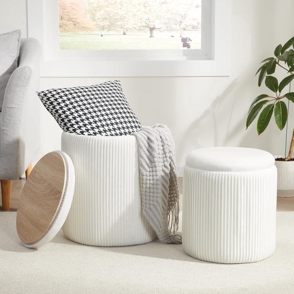 Airdown Round Ottoman with Storage Set of 2, Velvet Vanity Stool & Footrest for Living Room & Bedroom, White