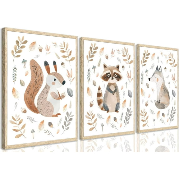 3Pcs Woodland Animals Nursery Wall Art Watercolor Wild Animals Kids Room Wall Decor Cute Squirrel Raccoon Fox Prints Posters Kids Room Canvas Painting for Boys Room Girls Room Pictures Framed