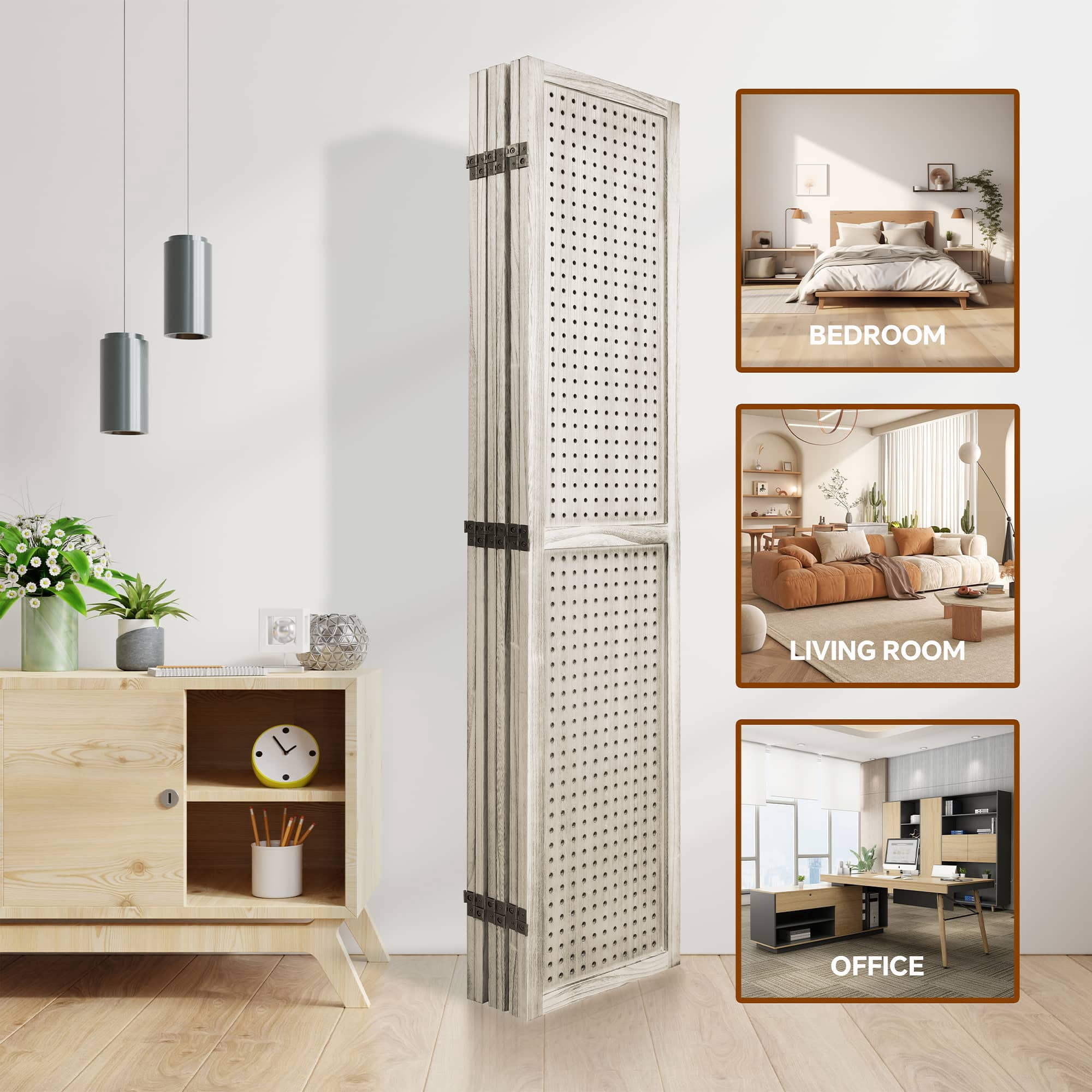 MAYEERTY 6 Wooden Room Divider, 5.6Ft Wooden Freestanding Privacy Screen with Shelves, Natural Wood