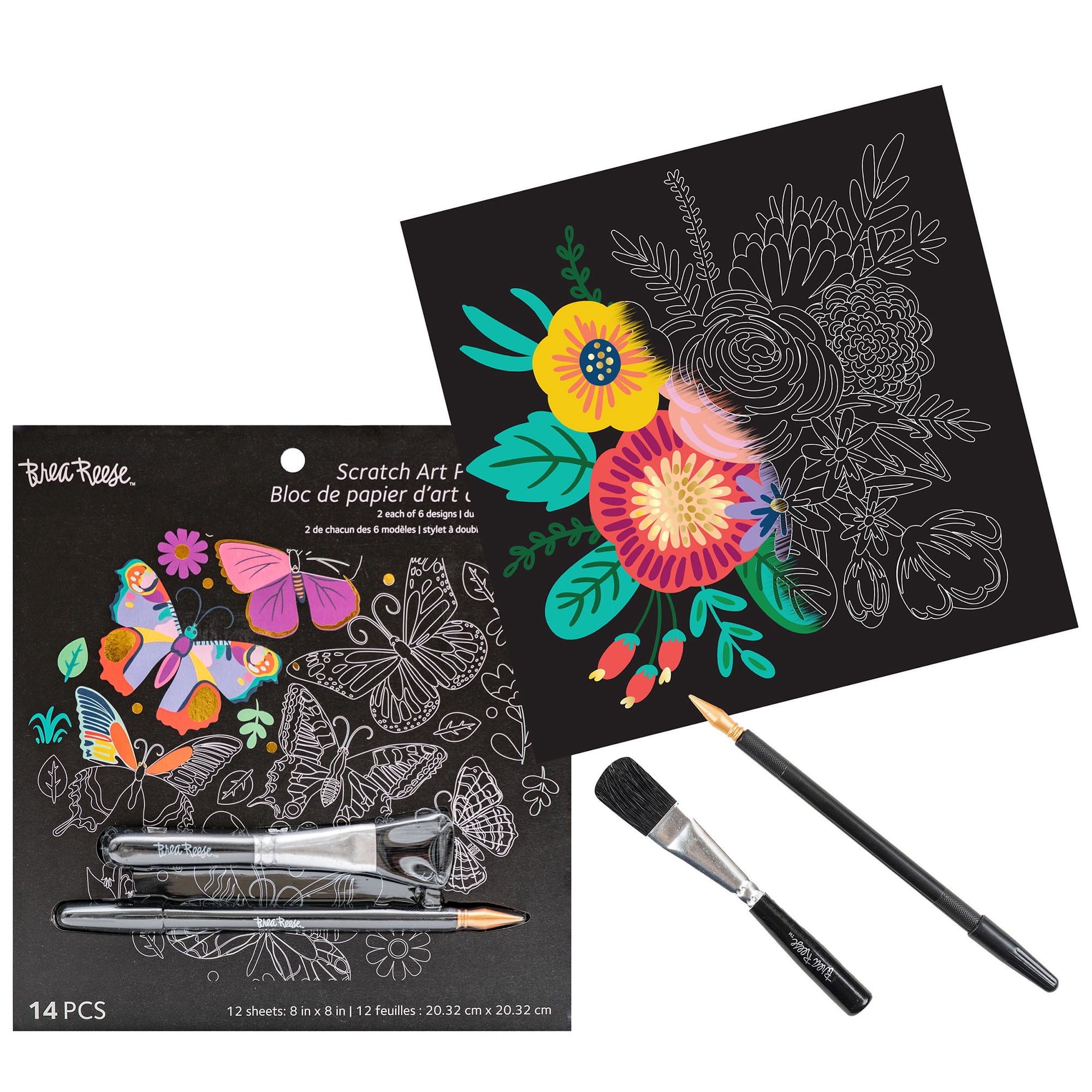Brea Reese: Scratch Art Paper Pad - Butterfly - 12 Sheets, 6 Guided Nature Designs, Metallic Accents, Dual-Tip Stylus & Brush, 8x8" Pages, Adult Craft