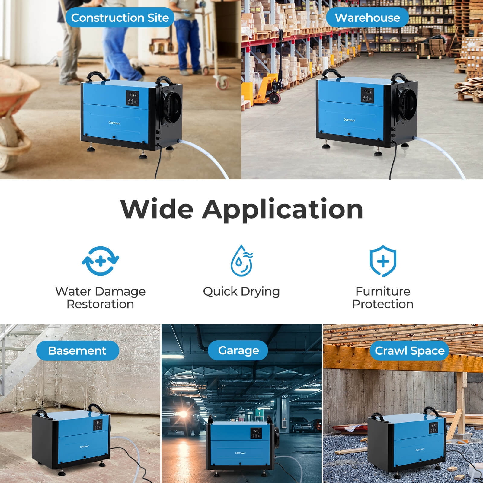 Costway 42 Pint(DOE) Crawl Space Dehumidifier Commercial Dehumidifier with 3 Modes & 24H Timer 1300 Sq. ft Coverage Area Blue (MAX 124Pint at 95°F, 90%RH)