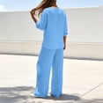 thumbnail image 7 of Bloomae Women's Loungewear Set 2 Piece Cotton Linen V Neck Long Sleeve Shirt & Wide Leg Pants with Pockets Lightweight Casual Solid Color Loose Fit Summer Outfit Light Blue XL, 7 of 7