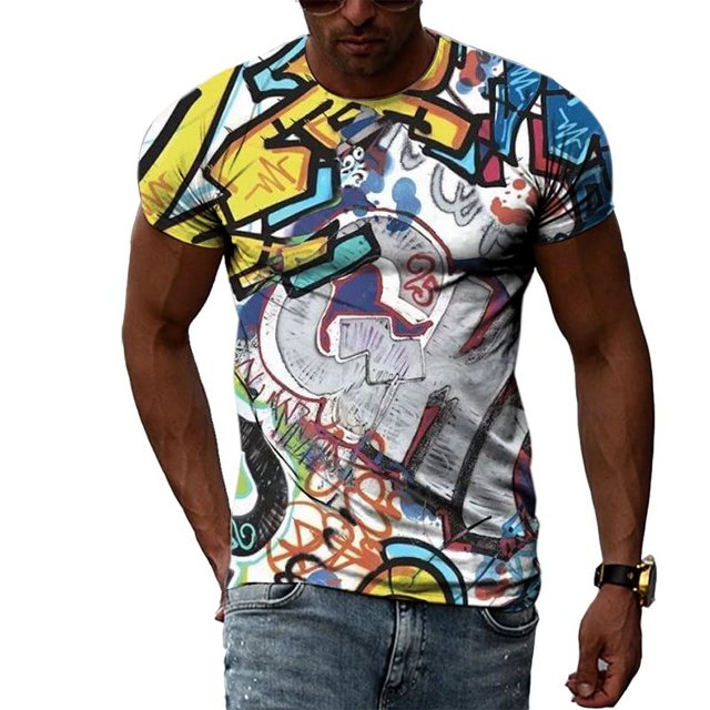 Mode Été Hip Hop Personnalité Graffiti T-shirt Homme Intéressant Harajuku Décontracté Impression 3D Manches Courtes Col Rond Tees Tops