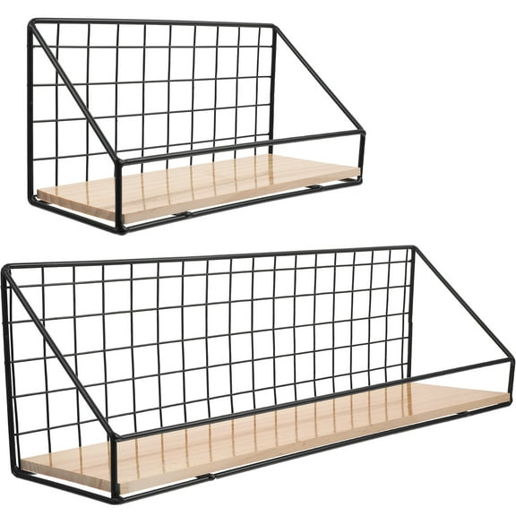 Masteelf 2pcs Wall Mounted Storage Rack Iron Floating Display Shelf Wood Board Organizers
