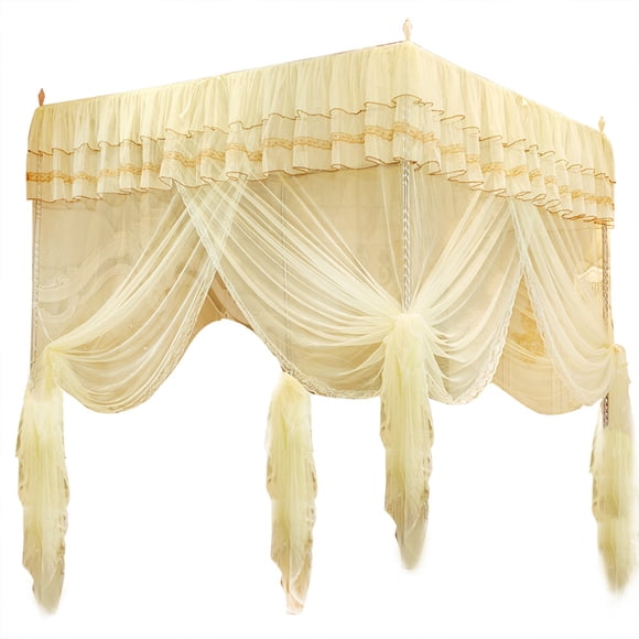 Princesa De Lujo Tres Aberturas Laterales Poste Cortina De Cama Dosel Red Ropa De Cama Elegante Diseño De Encaje Malla Transpirable Para Niñas Mujeres Decoración Del Dormitorio