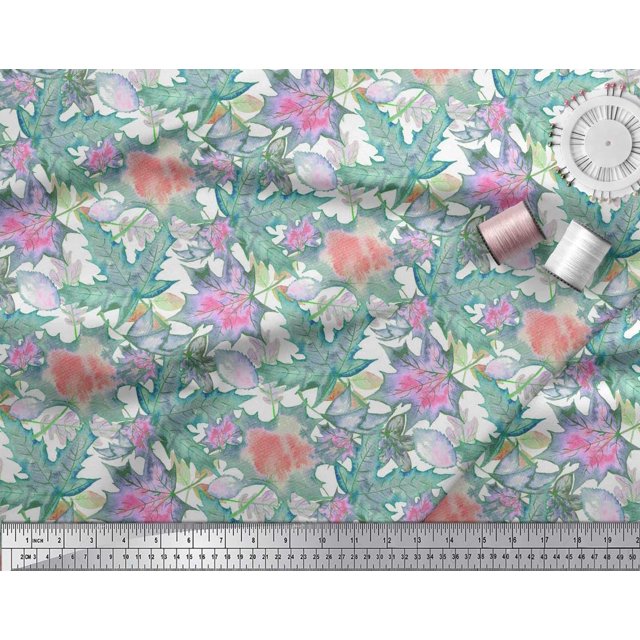 Soimoi Green polyester Crepe Fabric Autumn Leaves Print Sewing Fabric Yard 52 Inch Wide