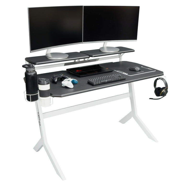 Cool Style Esports Computer Gaming Desk, Carbon Fiber/ Wood Tabletop  Workstation, Ergonomic PC Desk with Cupholder & Headphone Hook 