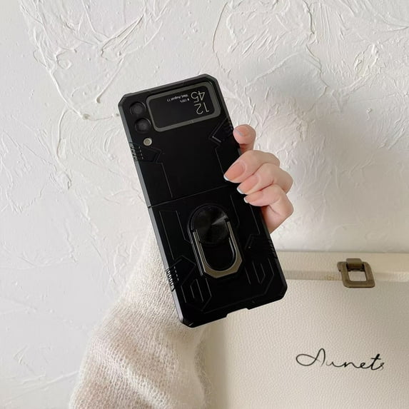 Nalacover Rugged Case for Samsung Galaxy Z Flip4, Slim Fit Finger Ring Holder Kickstand Magnetic Cover Compatible with Car Mount Anti-Scratches Shockproof Case for Samsung Galaxy Z Flip4,Black