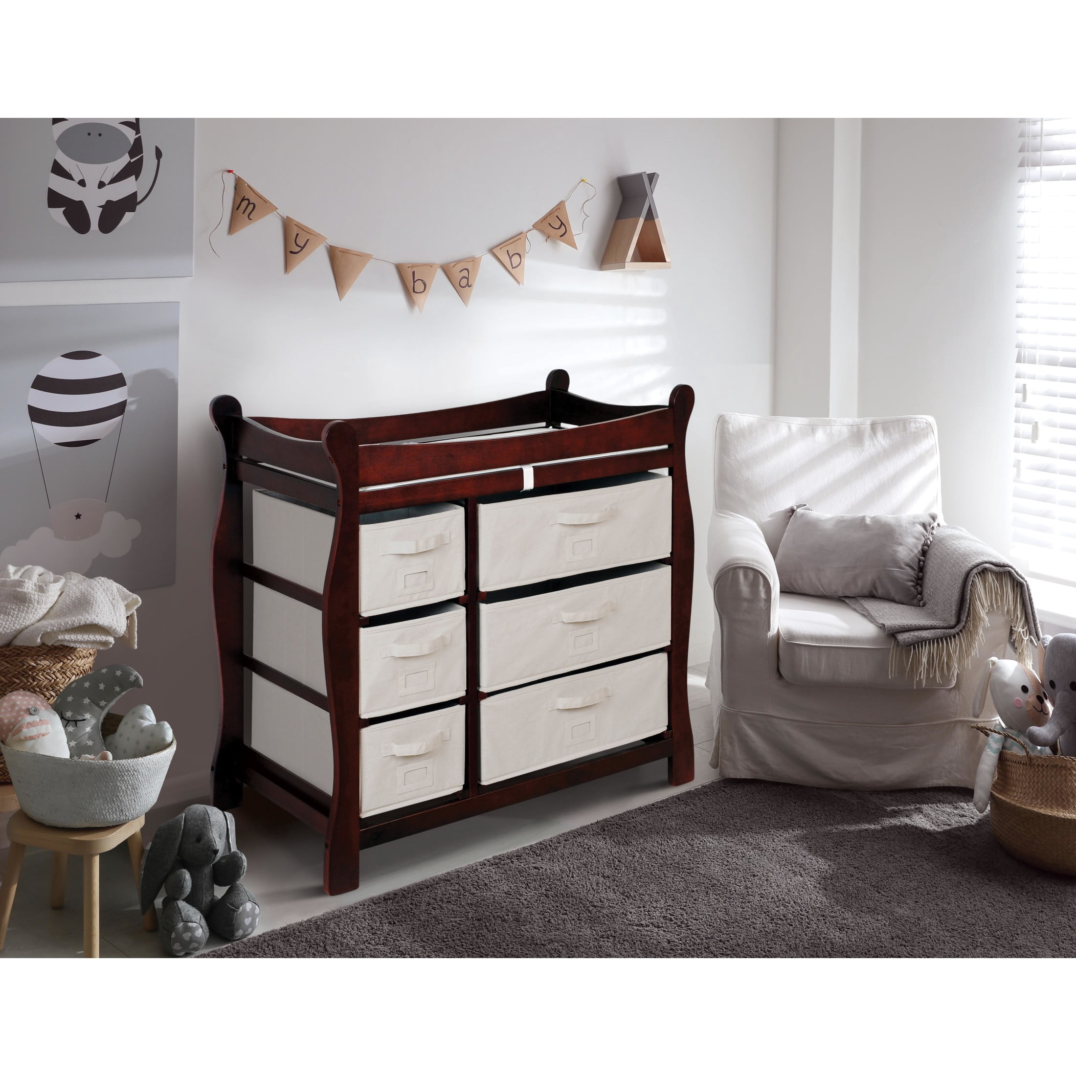 Badger Basket Sleigh Style Baby Wood Changing Table with 6 Baskets