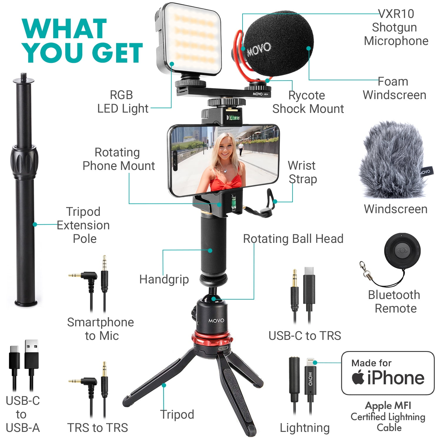 Movo iVlogger-PRO Vlogging Kit with Full Tripod for iPhone/Android - USB-C/Lightning YouTube Starter Kit for Content Creators - Accessories: Phone Tripod, Phone Mount, RGB Light and VXR10 Shotgun Mic