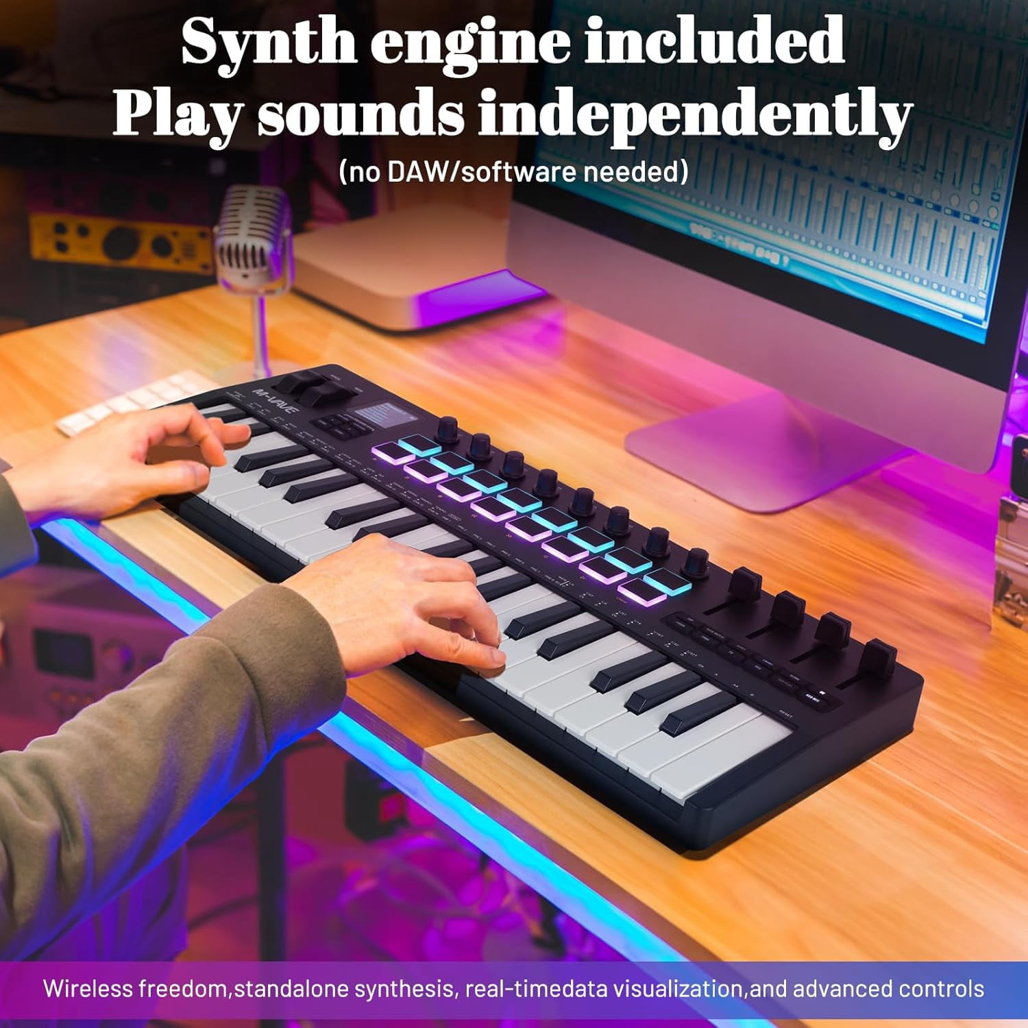 M-WAVE 37 Key USB MIDI Keyboard Controller With 16 Backlit Drum Pads, Bluetooth Semi Weighted Professional dynamic keybed 8 Knobs and Music Production,Software Included,Black