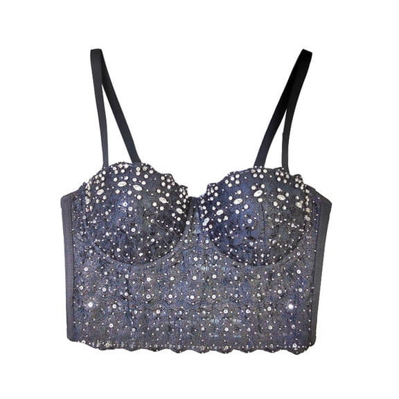 Lixiuxyad Casual Tank Tops Lace Camisole Rhinestone Beaded Crop Top Belly Dance Corset Slimming Fishbone Bustier Top For Fashionable Layering,Black