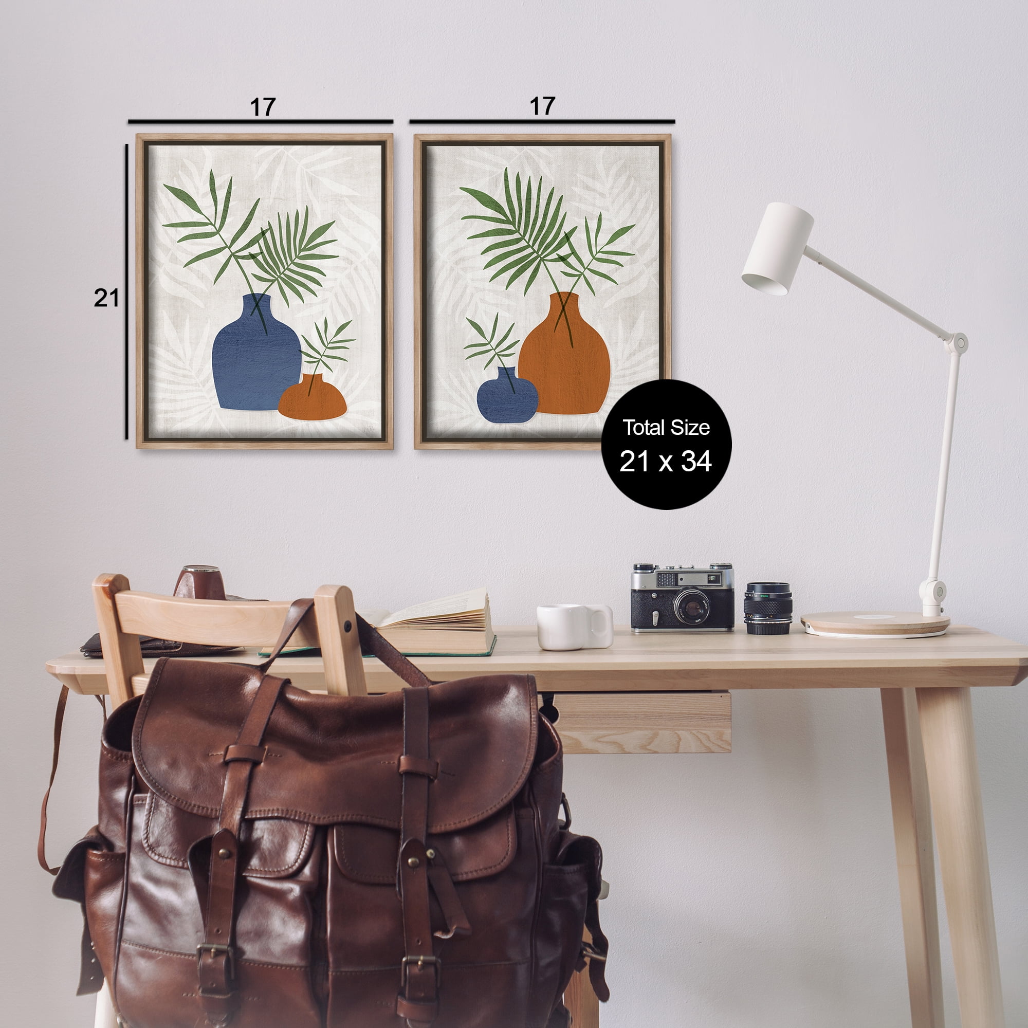 Stupell Industries Midcentury Palm Vases Plants & Flowers Painting Brown Floater Framed Canvas Art Print Wall Art, 17 x 21, Set of 2