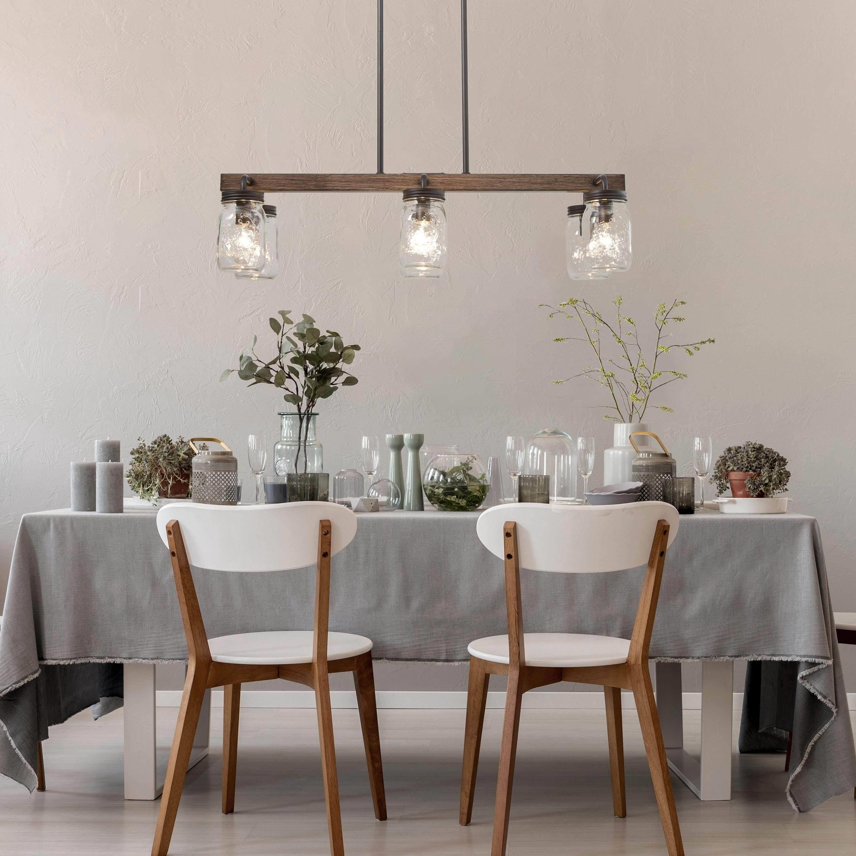 LNC 6-Light Farmhouse Matte Black and Bronze Wood Linear Maison Jar Glass Shape Chandelier for Dining Room