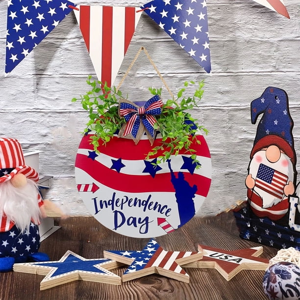 Decoración Del Día de La Independencia, Tablero Colgante de Madera Resistente, Diseño Clásico En Rojo, Blanco y Azul, Ideal para Realzar El Ambiente Festivo, Ideal para Fiestas En Casa y Celebrar La