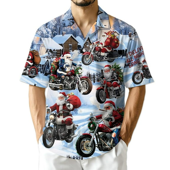 Netecom Santa Claus Motorcycle Christmas Hawaiian Shirt for Men Women, Winter Snow Button Down Summer Beach Shirts, S-5XL