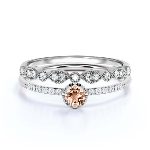 Dazzling Minimalist 1.05 Carat Classic Round Cut Morganite And Diamond Moissanite Affordable Engagement Ring, Wedding Ring in10k Solid White Gold, Minimal Woman Gift Idea, Bridal Set, Matching Band