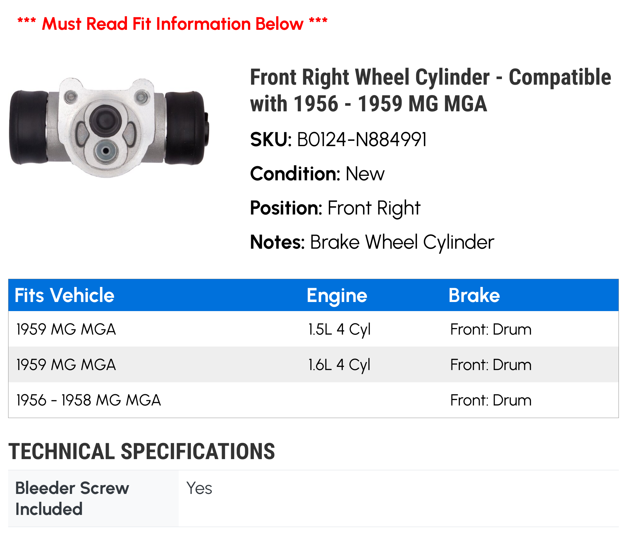 メル59729 Front Right Wheel Cylinder - Compatible with 1956 - 1959 MG