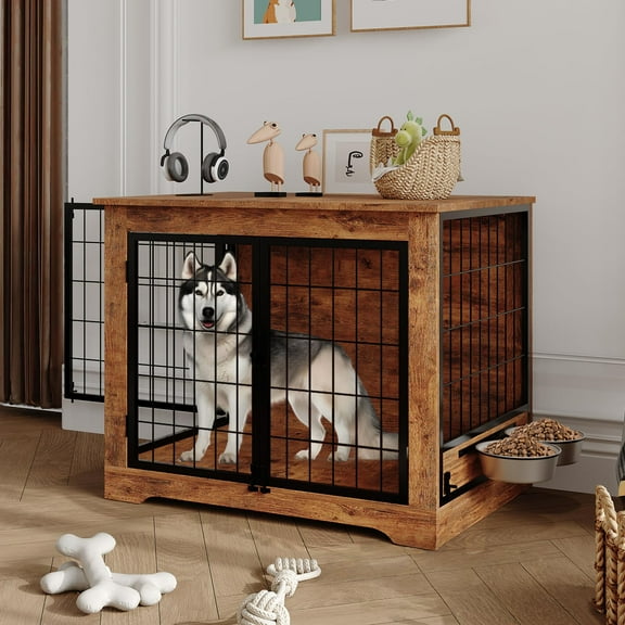 Ataucjin 38“ Dog Crate Furniture with Rotary Feeder Heavy Duty Dog Kennel Furniture Indoor with 2 Doors,Anti-Chew Anti-Escape Thick Wooden Dog Cage Furniture,Decorative Dog House for Small Medium Dog
