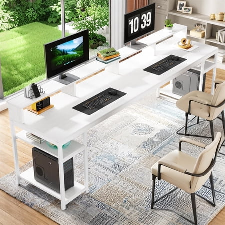Lantine 78.74 Long Computer Desk with Monitor Stand and Storage Shelves Industrial Home Office Writing Desk for 2 White