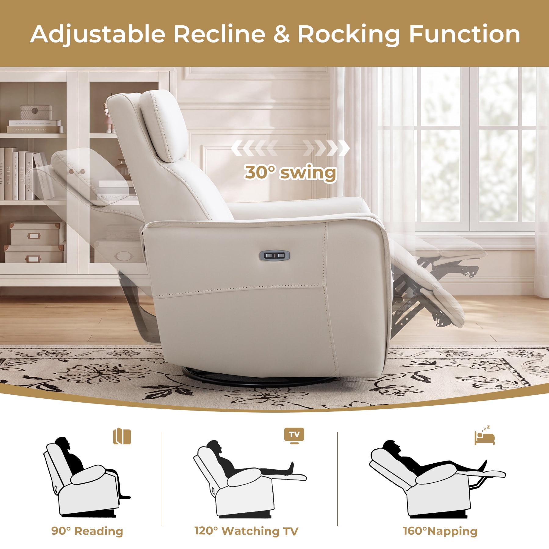 Ebello Power PU Leather Swivel Rocker Recliner, Electric Swivel Glider Chair with USB & Type-C Ports for Nursery, Living Room, Beige