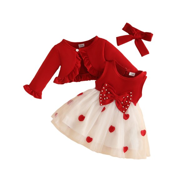 Bobifish Toddler Girls Outfit Sets Long Sleeve Ruffle Trim Coat Tops And Bowknot Pearl Heart Print Dress Kids Girls Sets