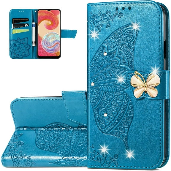 Wallet Phone Case for Samsung Galaxy A04e,3D Butterfly Pattern PU Leather Flip Kickstand Case with Magnetic Clasp and Cash Card Slots Holster for Galaxy A04e, HZD Blue