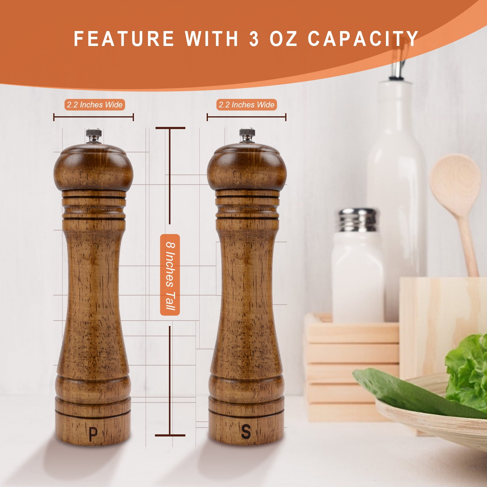 Wood Salt and Pepper Grinder Set,8” Pepper Grinders,2Pack Haomacro Manual Salt and Pepper Mill Set,Salt Shakers with Adjustable Ceramic Rotor