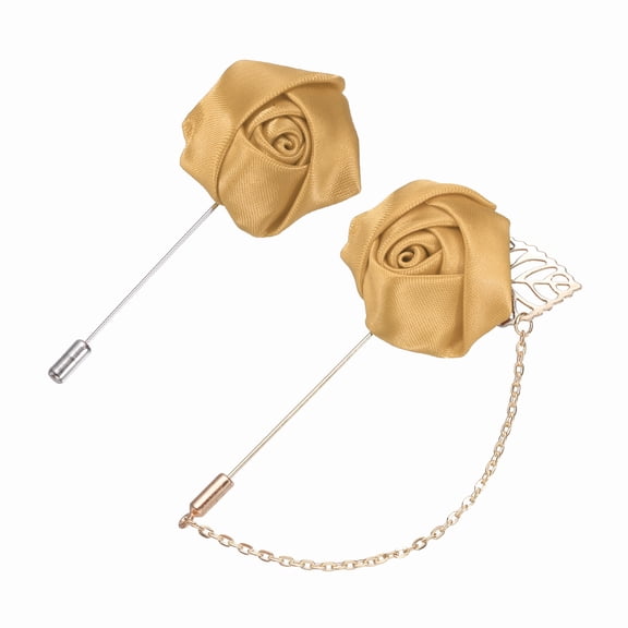 Uxcell Rose Flower Lapel Pin for Men, 2 Style Cloth Rose Brooch Kit Gold Leaf Tassel Chain Satin Badge Suit Pin Boutonnieres Stick Brooch for Men Suit, Champagne