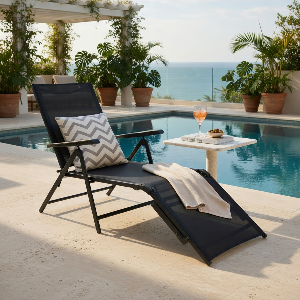Hommoo Foldable Outdoor Chaise Lounge Chair with Adjustable Backrest & Footrest, Steel Frame, Breathable Fabric, Perfect for Patio, Poolside & Garden, Black