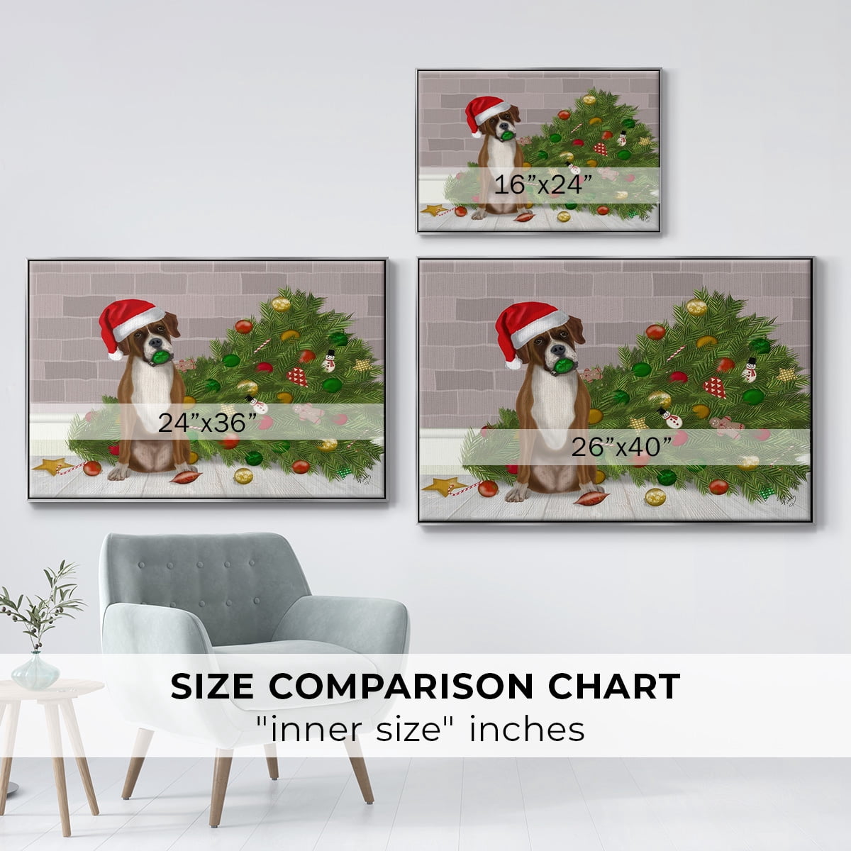 Christmas Boxer and Broken Christmas Tree - Framed Gallery Wrapped Holiday Canvas - 17 x 25 - Silver Frame
