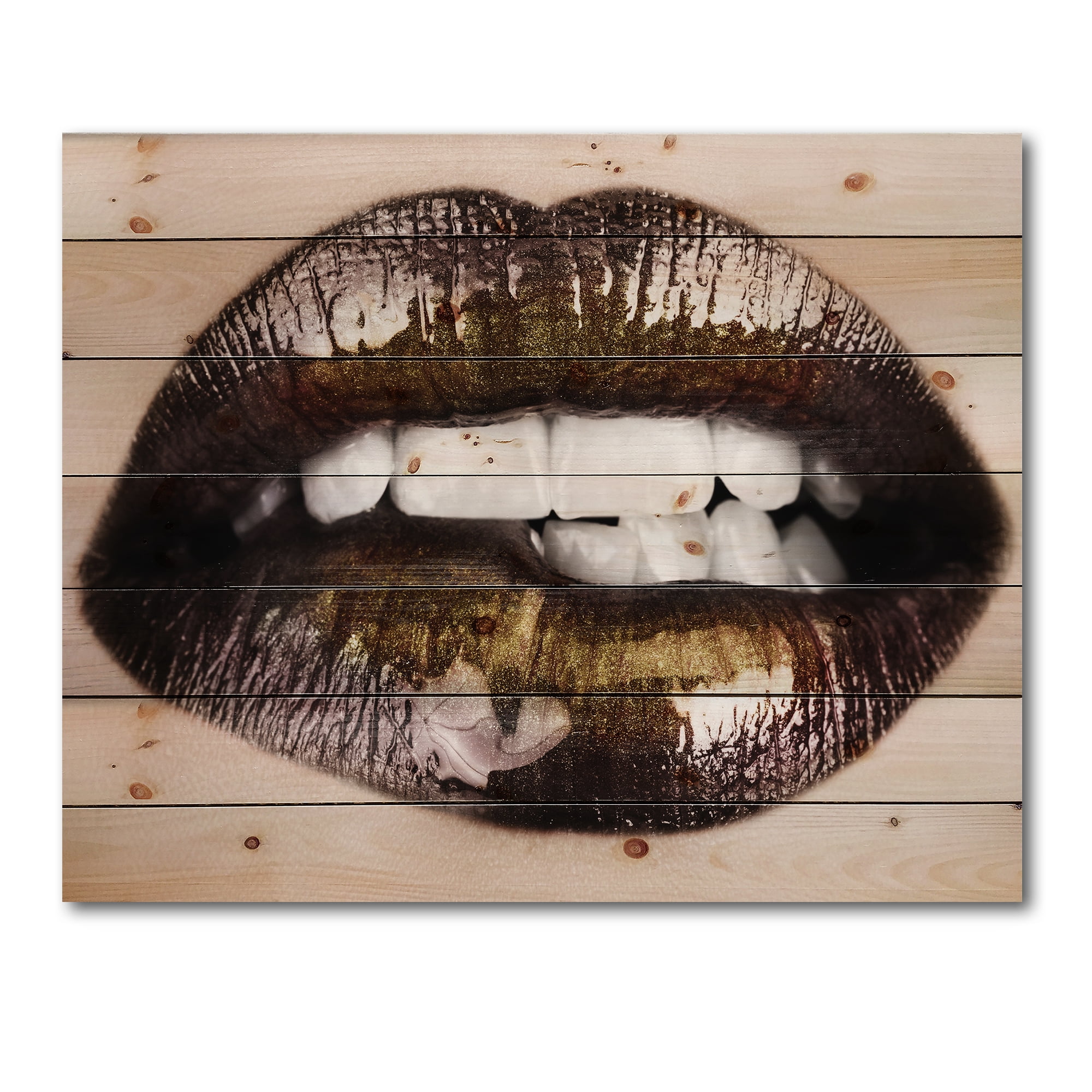 Designart 'Gold Black Lips Biting' Modern Print on Natural Pine Wood