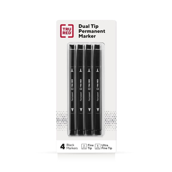 TRU RED Pen Permanent Marker Twin Tip Black 4/Pack TR57829