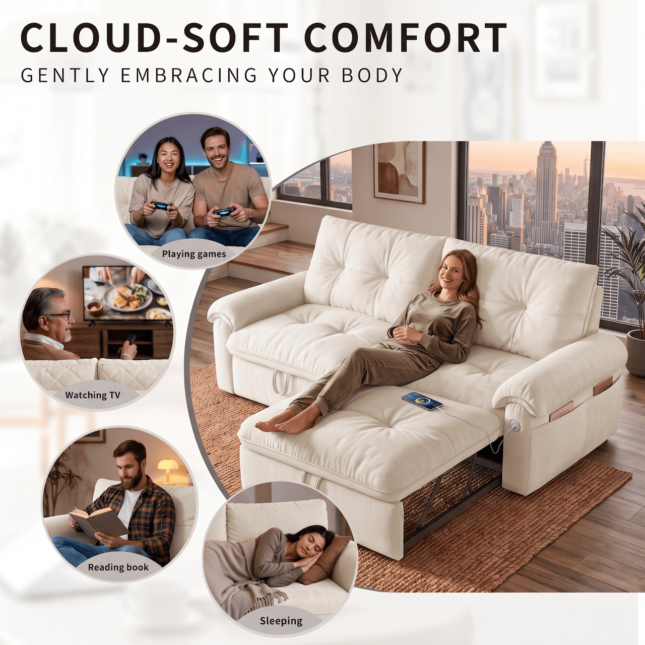 Xiweot Convertible Sleeper Sofa Bed, 77" Queen Size Pull Out Couch Bed with Adjustable Backrest, USB Ports & Side Pocket, Velvet Loveseat Sleeper for Living Room Small Space (Beige)