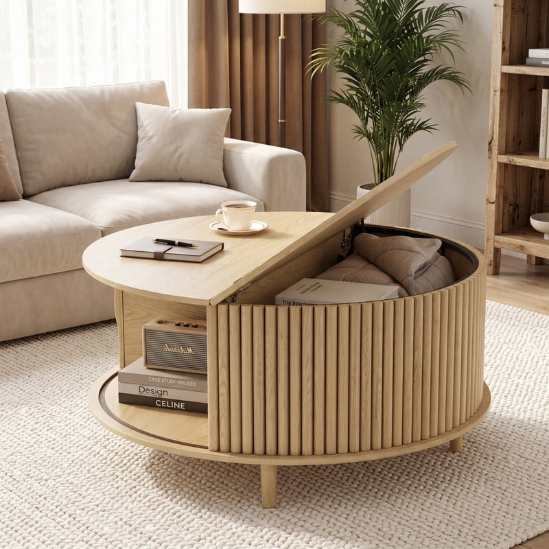 Kelno 31" Coffee Table Round Coffee Tables with Storage Mid Century Rustic Wood Desktop with Hidden Compartment Sliding Cabinet Door, Natural Wood
